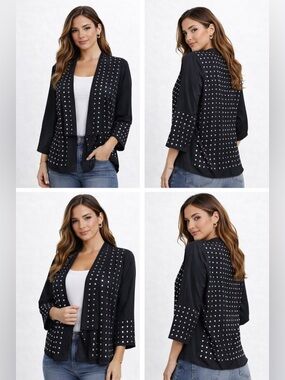 Rock & Reblic Jack Black Studded Satin Open Front 3/4 Sleeve Size 16 NWT